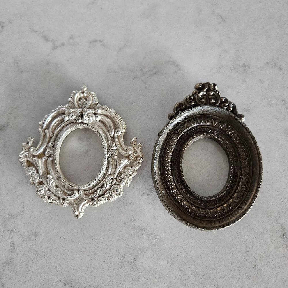 PAIR OF VINTAGE SMR ITALY ORNATE SILVER & BRONZE FRAMES 1.25" W x 1.5" H OPENING